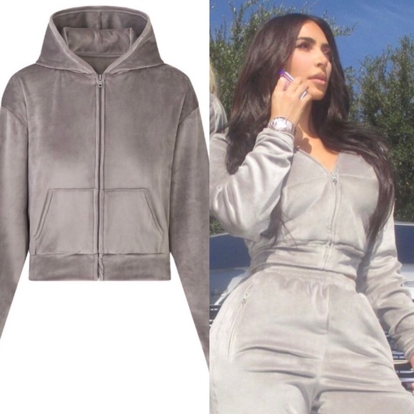 SKIMS Tops - SKIMS Velour Hoodie in Smoke Large L NWT